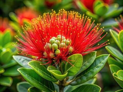The camera zooms in on a vibrant ohia lehua flower blooming in Hawaii's lush greenery, its delicate petals and golden center radiating beauty.