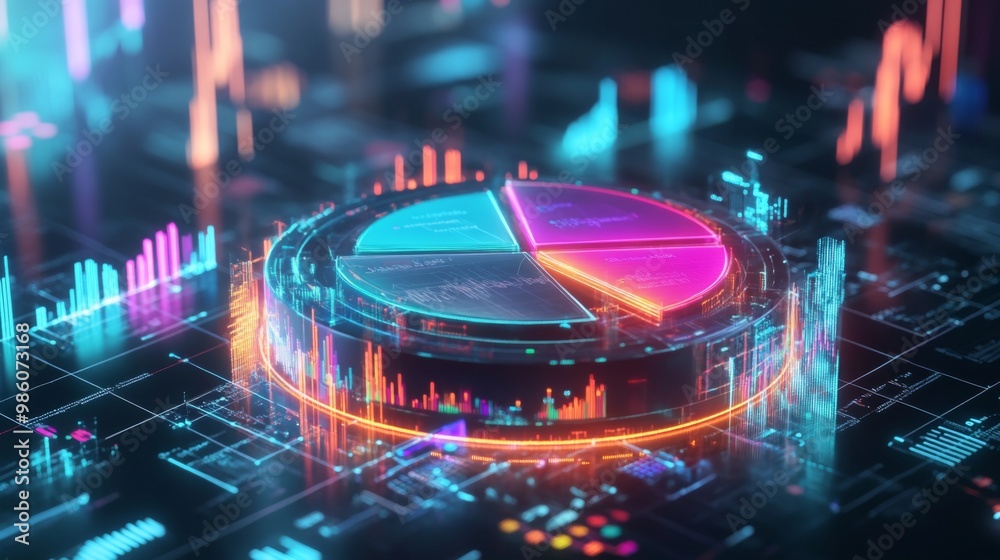 Aufkleber A floating 3D pie chart with glowing neon segments, representing various financial categories, surrounded by abstract data points and graphs.