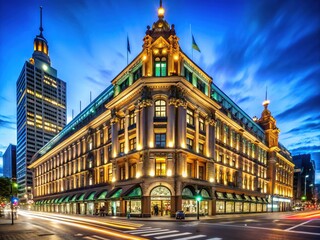 Fototapeta premium The iconic department store stands out at night, its neon lights reflecting off the wet streets at the historic intersection, pulsing with energy in the bustling city.