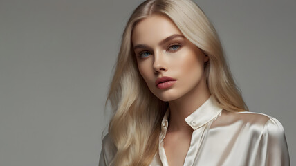 Fototapeta premium Close-up portrait of a smiling blonde woman with long hair, looking at camera in a studio setting