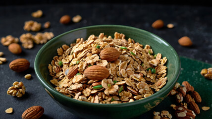 Raw organic brown nuts in a white bowl, isolated on a white background