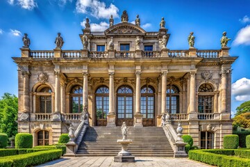 Obraz premium The symmetrical stone building stands tall on a clear summer day, its intricate carvings and columns shimmering in the radiant sunlight.
