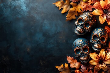 Day of the Dead sugar skulls and flowers on dark background with copy space