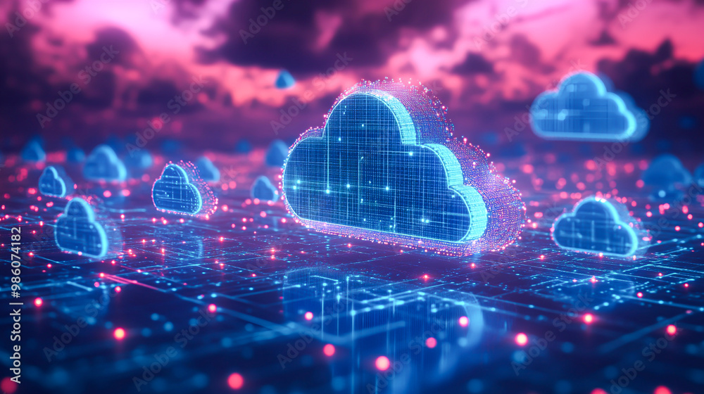 Wall mural digital cloud computing concept with neon visuals