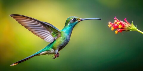 Fototapeta premium A delicate, iridescent bird with an elongated beak and forked tail drifts above a flower, its shimmering feathers catching the eye as it sips nectar.