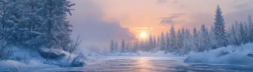 A serene winter landscape featuring a snow-covered river, frosty trees, and a soft sunrise illuminating the peaceful scene.