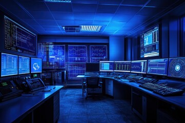 A dimly lit control room with multiple computer screens displaying data and graphs.