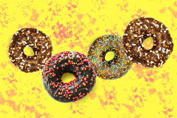 Flying levitating floating brown sweet sugar glazed doughnuts,tasty donuts in air on yellow spotted painted abstract background.Creative dessert food.healthy unhealthy nutrition