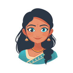 A modern cartoon illustration of an Indian woman with long dark hair and gold earrings, dressed in a blue and green sari. Her friendly smile and traditional look are ideal for cultural content