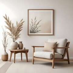 A minimalist living room with a wooden frame on the wall, a wooden side table, and a beige armchair with a white cushion.