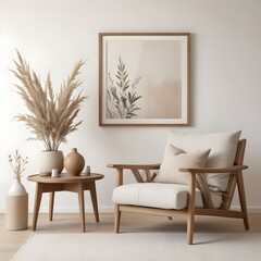 A minimalist living room with a wooden frame on the wall, a wooden side table, and a beige armchair with a white cushion.