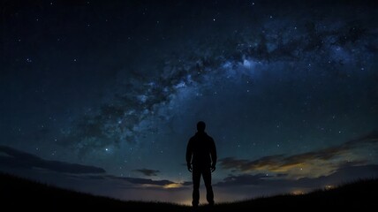Fototapeta premium A starry night sky with a silhouette of a person gazin