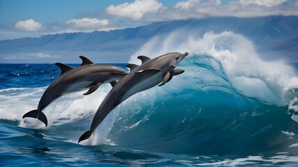 Fototapeta premium Playful dolphins leaping over breaking waves in the vibrant waters of the Pacific Ocean, showcasing the stunning wildlife scenery of Hawaii, generative ai