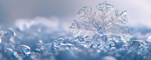 A stunning close-up of a delicate snowflake resting on a bed of sparkling blue ice, showcasing intricate patterns and textures.