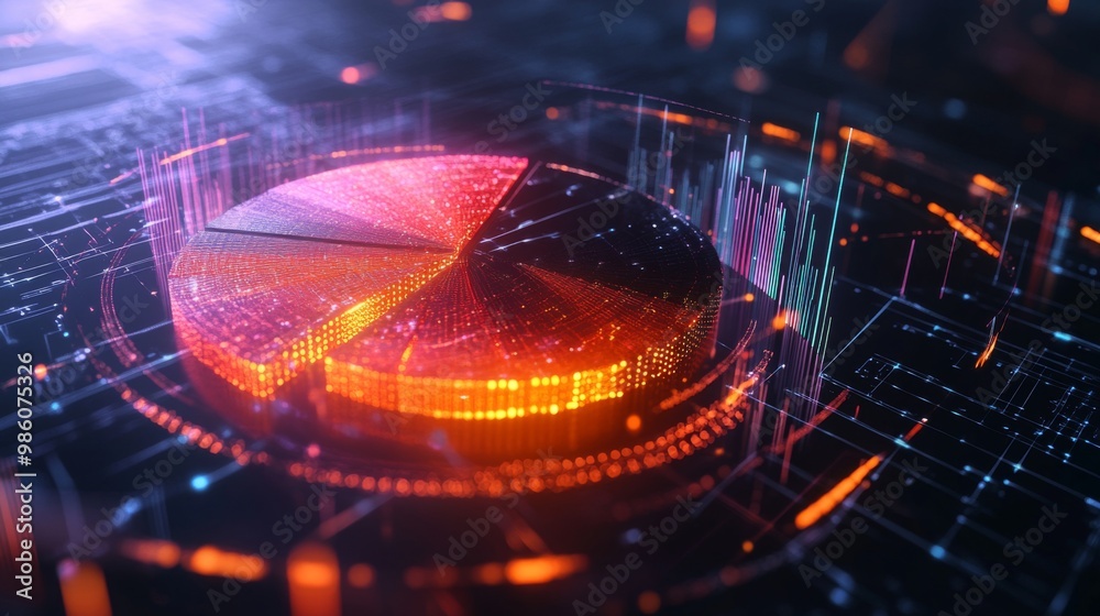 Fototapete a futuristic 3d pie chart rotating in space with vivid, transparent segments and digital data stream