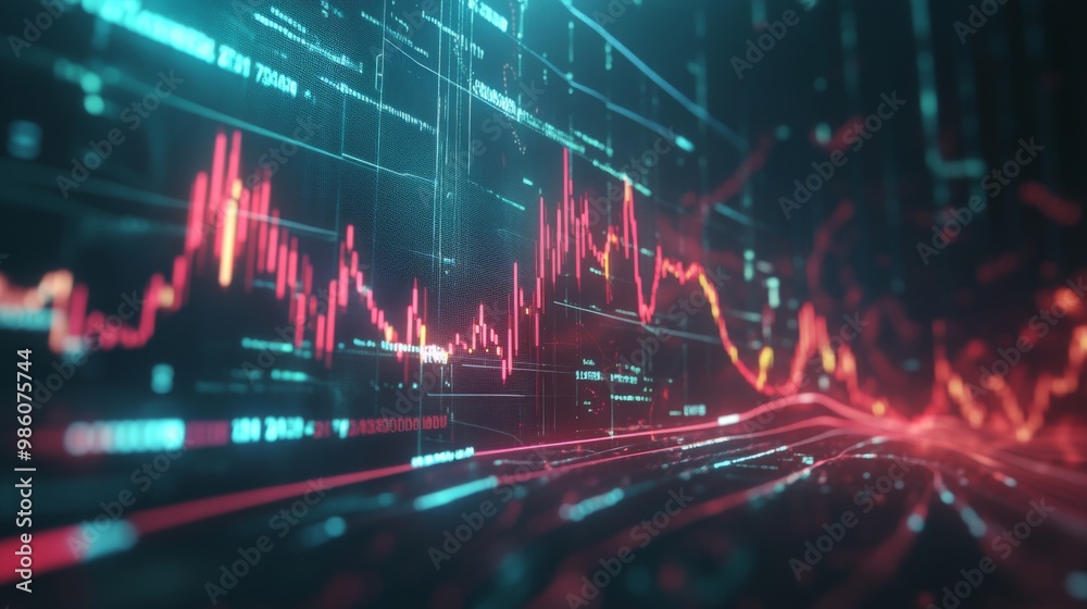 Aufkleber a futuristic stock market graph with moving lines and candlesticks, symbolizing high-frequency tradi