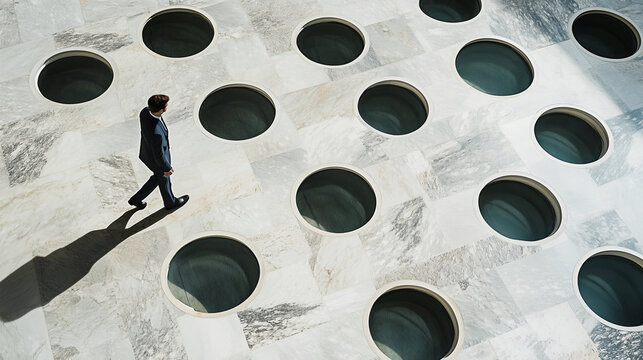 Many pitfalls in the ground and a man in a suit carefully walking between them.