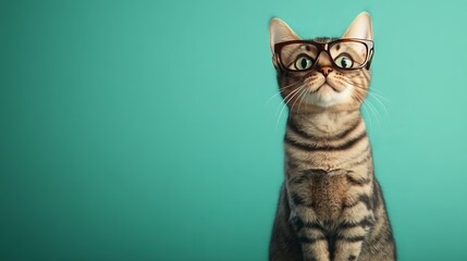 Hyperrealistic Cat with Glasses on Green Background, AI generated illustration