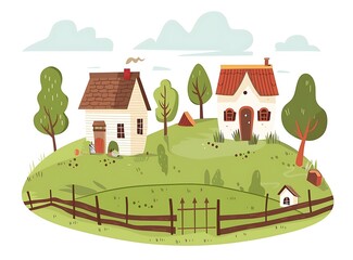 Cute Illustration Of Two Houses In A Green Field