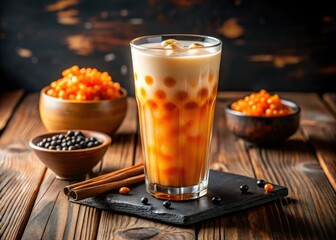 A glass of refreshing Thai tea, dotted with tapioca pearls and ice, rests elegantly on a wooden table, offering a delicious getaway for your senses.