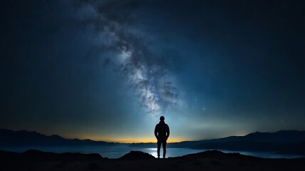 Fototapeta premium A starry night sky with a silhouette of a person gazin