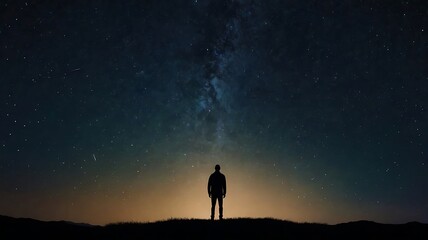 Fototapeta premium A starry night sky with a silhouette of a person gazin
