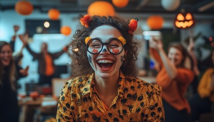 Obraz premium A joyful woman in costume celebrates Halloween at a party with decorations, laughter, and vibrant energy all around her.