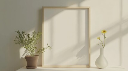 a blank white canvas mockup in a light wooden frame