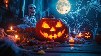 Naklejka premium Spooky Halloween scene featuring carved pumpkins, a skeleton, candles, and cobwebs under a full moon glow.