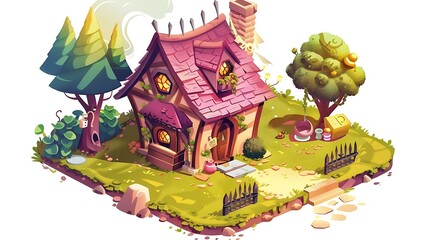 Cartoon illustration of a cute little cottage with a fence and a tree