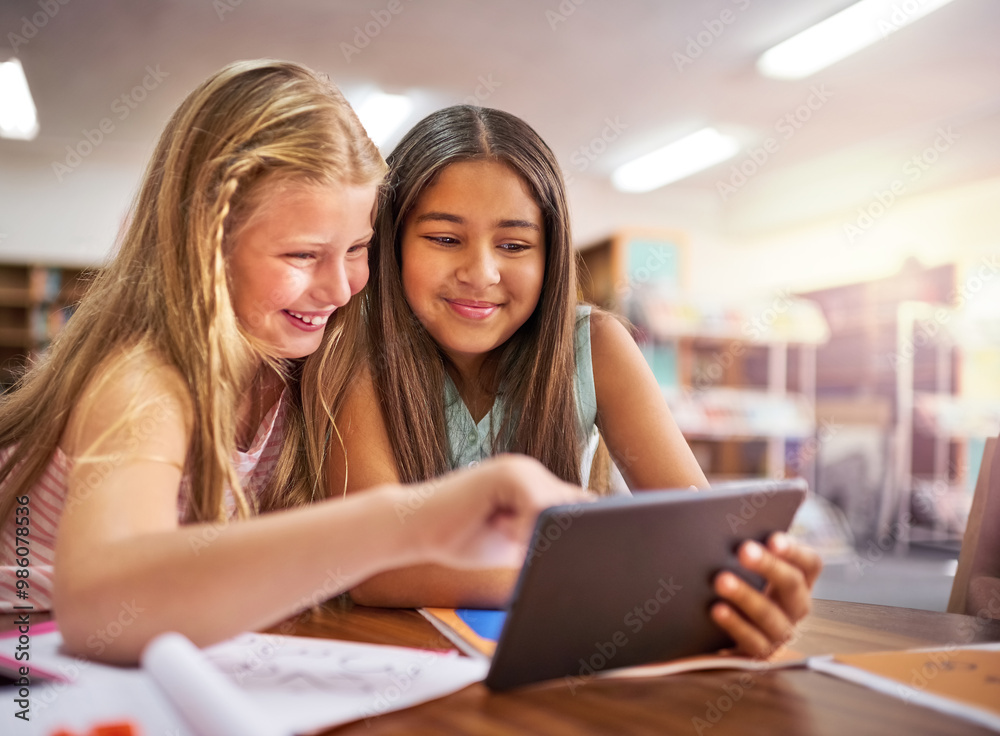 Poster Teamwork, children and smile with tablet for education, elearning and math game for solving numbers skill. School, girls and students in elementary for knowledge, studying application and friends