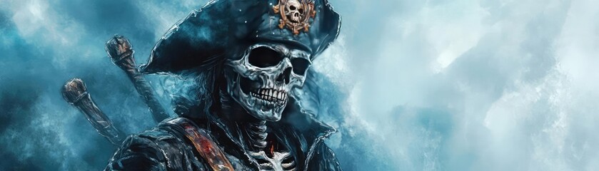 A chilling pirate skeleton adorned in a tattered coat with a ghostly backdrop, perfect for evoking adventure and mystery.
