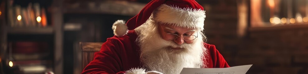 A festive scene with Santa Claus reading a letter, surrounded by holiday decorations and warm, cozy lights.