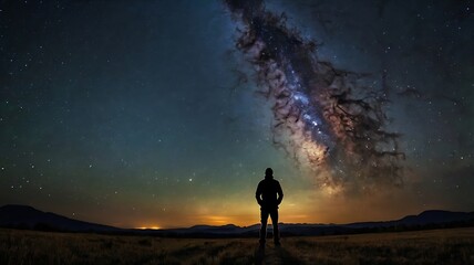 Fototapeta premium A starry night sky with a silhouette of a person gazin