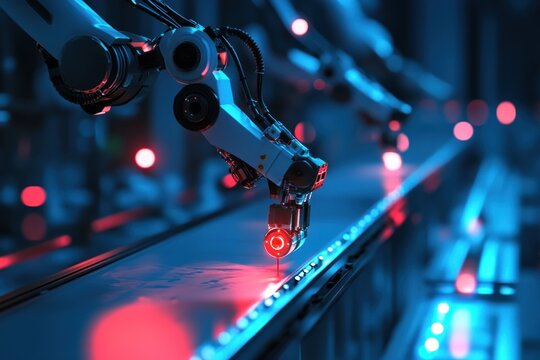 Robotic Arm with Red Light Working on Conveyor Belt in a Factory