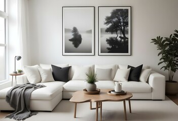 A minimalist living room with a white sectional sofa, wooden coffee table, and two framed black and white landscape photographs on the wall.