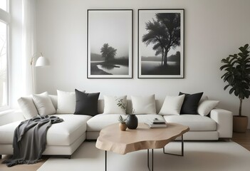 A minimalist living room with a white sectional sofa, wooden coffee table, and two framed black and white landscape photographs on the wall.