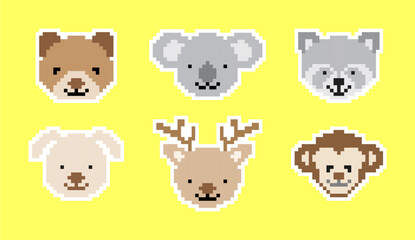 Pixel art of cute animal's face set vector. Animal pixel doodle sticker. 