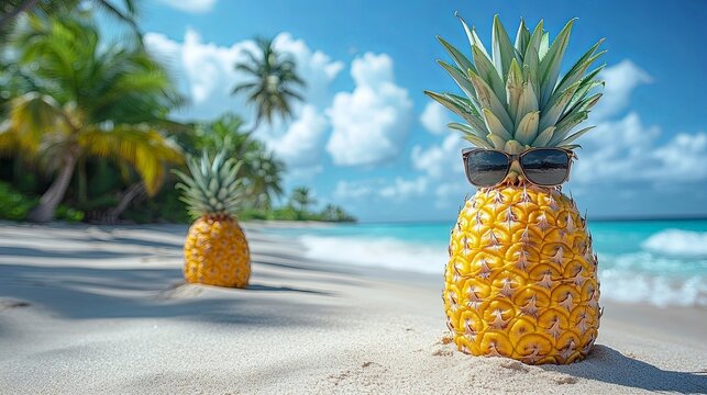 Pineapple wearing sunglasses on a tropical beach with palm trees and turquoise water