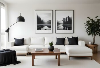 A minimalist living room with a white sectional sofa, wooden coffee table, and two framed black and white landscape photographs on the wall.
