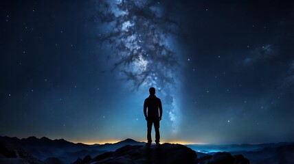 Fototapeta premium A starry night sky with a silhouette of a person gazin