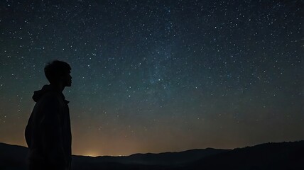 A starry night sky with a silhouette of a person gazin