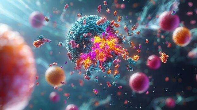 Visual representation of cell apoptosis, cell breaking down with colorful fragments scattering, cell apoptosis, biology, pathology