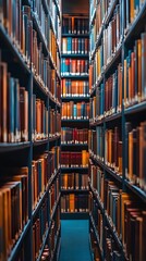 Fototapeta premium A wide view of rows and rows of books in the library, low-angle shot, depth of field, close-up, cinematic