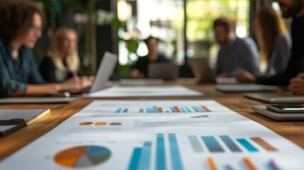 A focused business meeting with individuals discussing charts and graphs on printed documents placed on a wooden table.