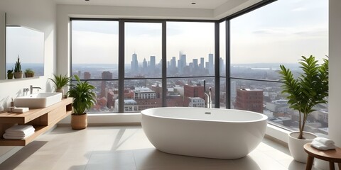 A modern bathroom with a large freestanding bathtub overlooking a cityscape through a window. The bathroom has white walls and floors.
