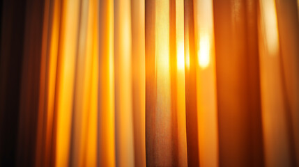 A warm glow filters through layered curtains, creating a serene ambiance with soft textures and golden hues.