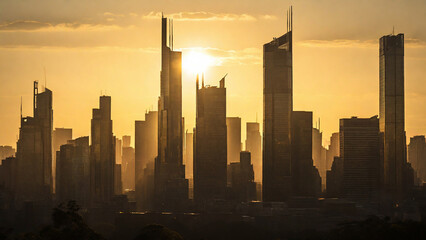 Modern city skyscrapers glowing in the golden afternoon light.