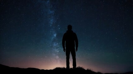 Fototapeta premium A starry night sky with a silhouette of a person gazin