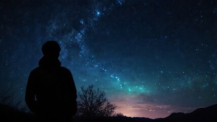 Fototapeta premium A starry night sky with a silhouette of a person gazin